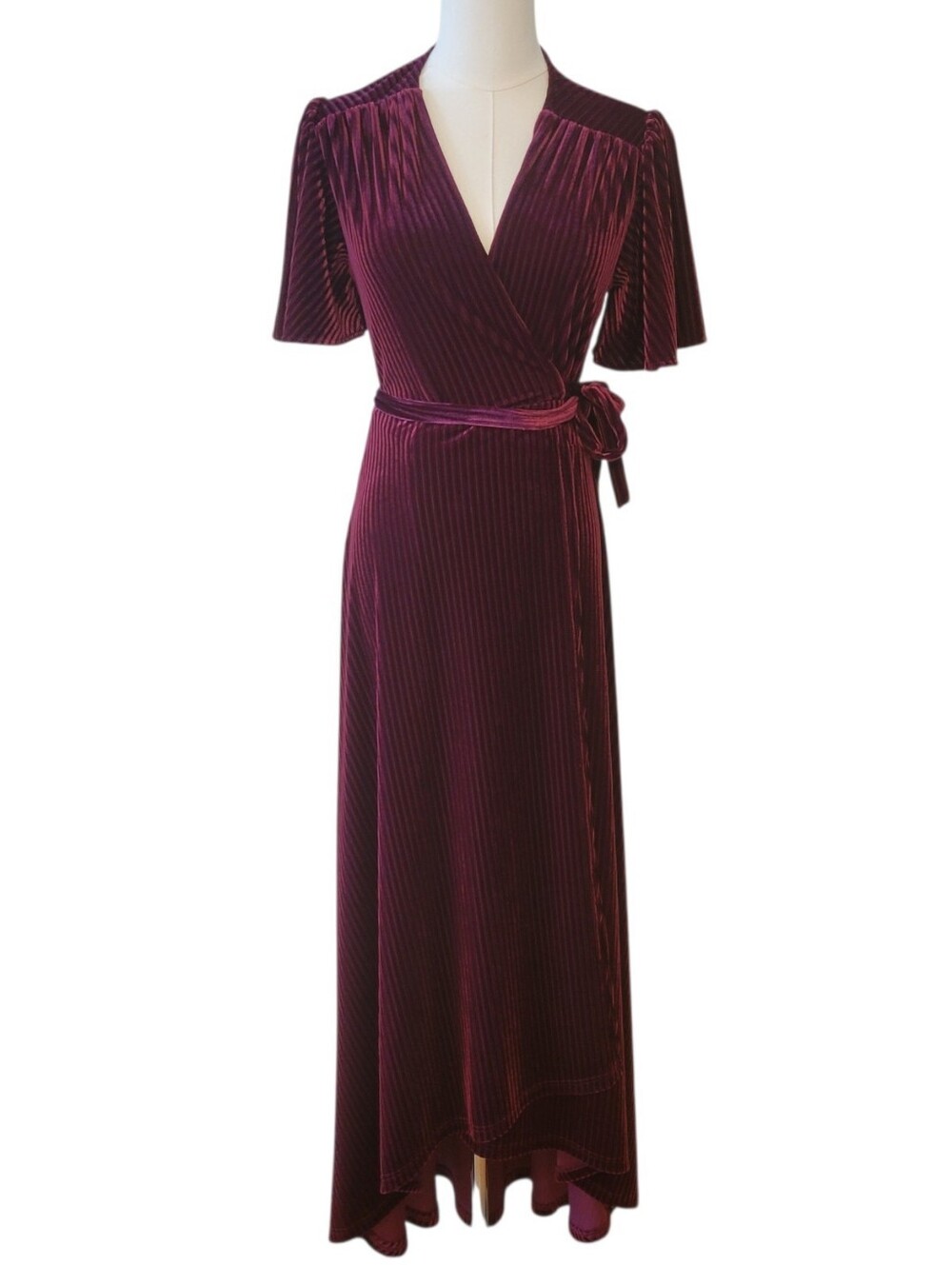 In Loom Wine Ribbed Velvet Wrap Maxi Dress Size Small
